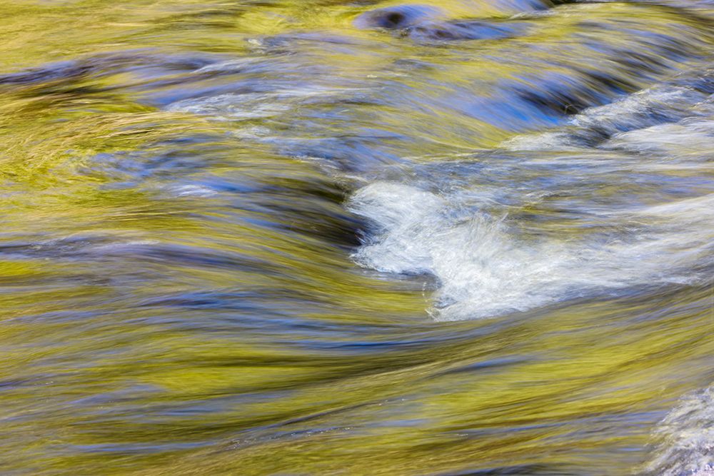 Spring foliage colors and sky reflecting on ripples on stream, Great Smoky Mountains NP, Tennessee